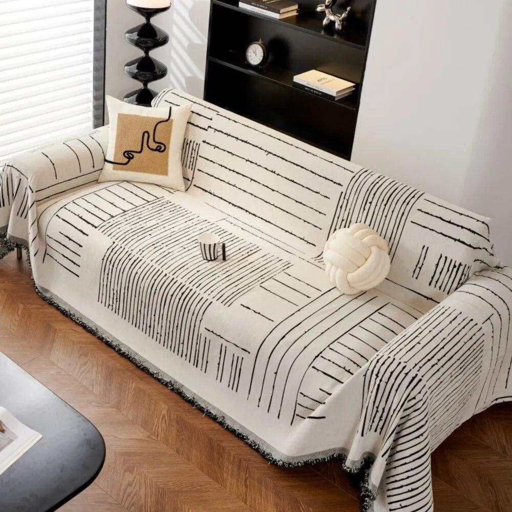 Black White Lines Couch Covers Luxury Sofa Cover Cloth Slipcover Non-Slip Cloth Sofa Cushion Blanket Decorative Dust Cover