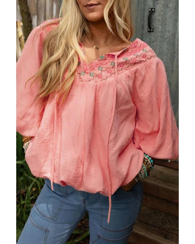 Azura Exchange Apricot Pink Geometric Embroidered V Neck Puff Sleeve Blouse