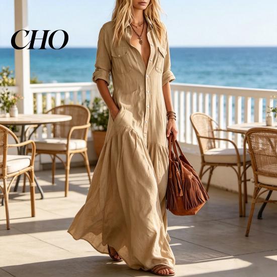 Comfortable Women Dress Women's Short Sleeve Maxi Shirt Dress, Button Down Lapel V Neck Summer Flowy Long Casual Ruffle A-line with Pockets