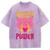 Y2K Summer Women's T-Shirt Oversized Faux Denim Fabric Short Sleeve PUSSY POWER Cat Print Cute Cool Unisex Top