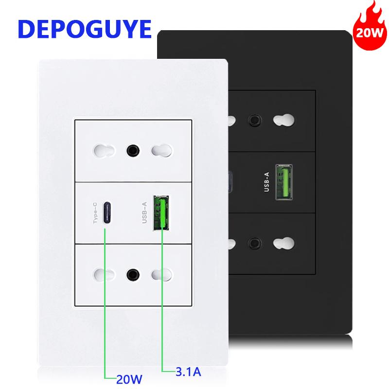 Встроенная розетка USB C Италия Чили белого/черного цвета, удлинитель 16 А, интеллектуальный адаптер для быстрой зарядки Type-C мощностью 20 Вт