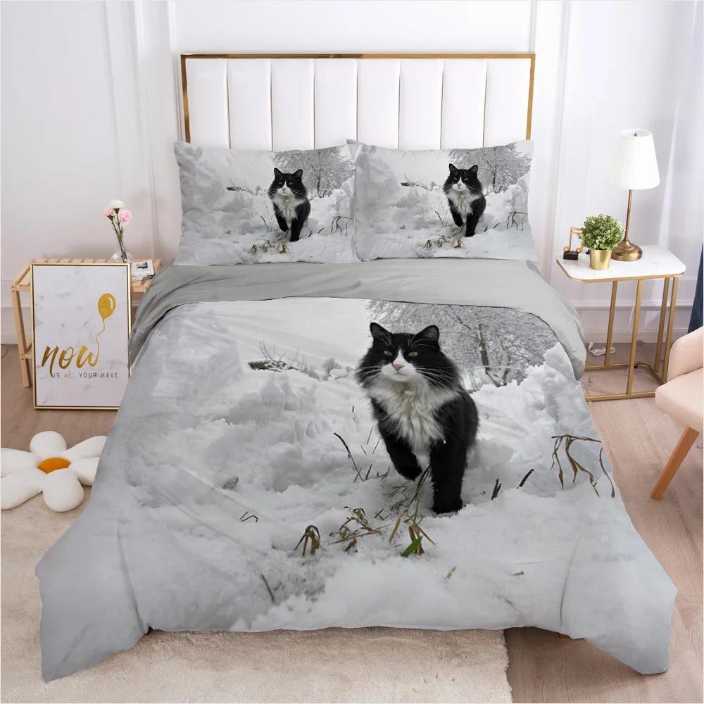 3D Print Snow Pet Cat,Wolf, Fox,Hedgehog Double Single Bedding Set For Kids Winter Duvet Cover Sets Home Housse De Couette 2024