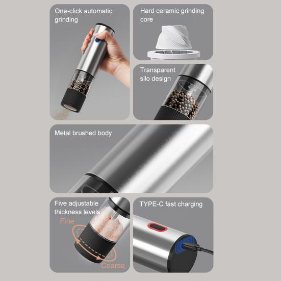 Электрический набор для измельчения соли и перца со светодиодной подсветкой, регулируемой степенью помола, измельчитель соли, перезаряжаемый измельчитель перца для барбекю, кемпинга