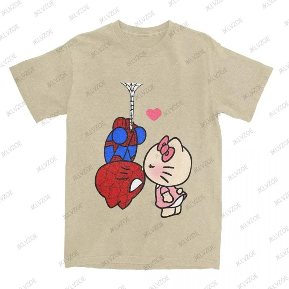 Летняя мультяшная хлопковая футболка с принтом Hello Kitty и Человека-паука для женщин и мужчин, с коротким рукавом и круглым вырезом, повседневная модная футболка в стиле харадзюку Y2K