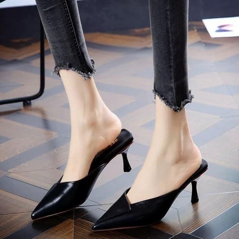 Простые туфли на среднем каблуке с острым носком, женские сандалии, летняя женская обувь на высоком каблуке 2024 года, сексуальные уличные современные тапочки, модные шлепанцы