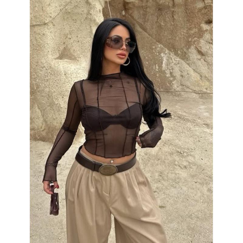 European Style Women's Sexy Round Neck Long Sleeve Mesh See-Through Cropped Top, 2026 Collection.