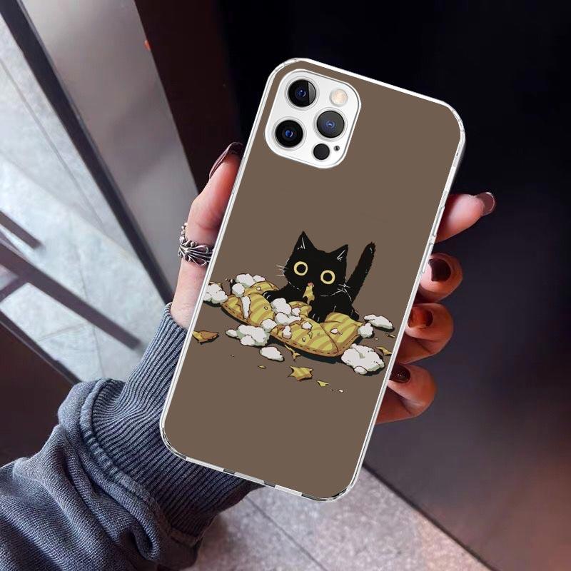 Мультяшный Милый Черный Кот Чехол Для Телефона Для iPhone 17 Air 16 15 Pro Max 14 Plus 13 Mini 12 11 Чехол 7 8 SE Силиконовый Чехол Принт Fundas