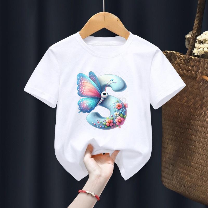 Alphabet Design Girl T-shirt Outfits Watercolor Butterfly Flower Letters T-shirts for Toddler Girl Initials Floral Top