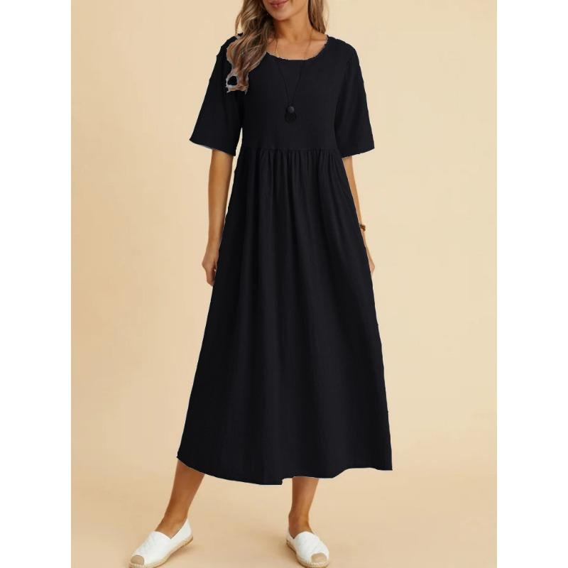 YYFS Женская мода лето весна однотонный принт с рукавами 1/2 и круглым вырезом с высокой талией повседневные платья