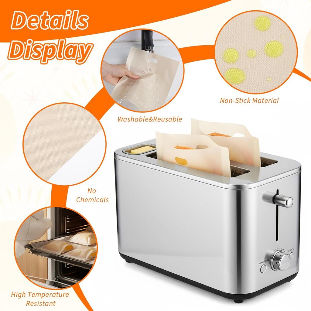 12 Pack Non-Stick Toaster Bags Grilled Cheese Toaster Bags Reble 3 Sizes Washable Heat Resistant for Sandwich Chicken Grilled Cheese Panini Snacks