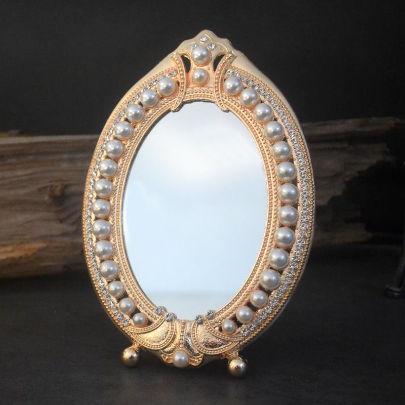 European Style Red Copper Pearl Makeup Mirror - Retro Princess Design for Dressing Table or Bathroom