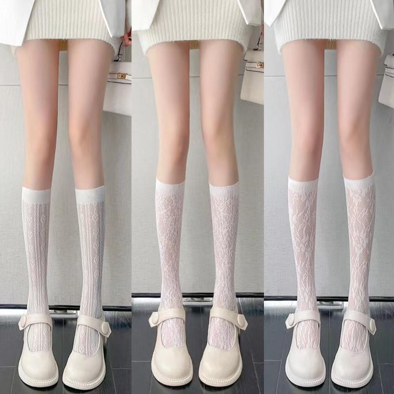 Women Sexy Floral Print Mesh Stockings Knee High Socks Soft Nylon Elastic Fishnet Fashion Long Leg Socks Designer Sheer Socks