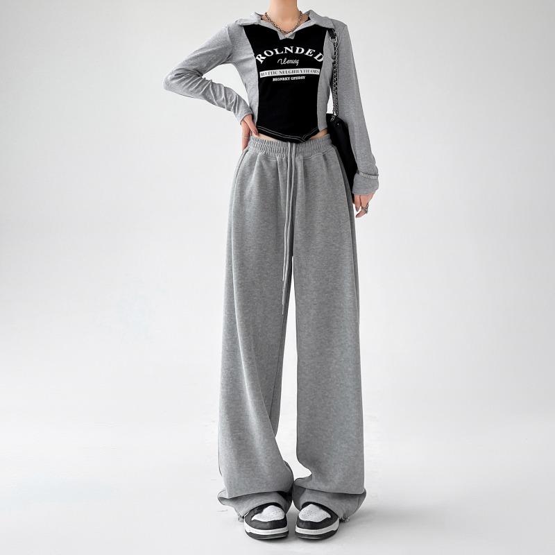 Осенние спортивные повседневные свободные широкие брюки женские модные однотонные элегантные брюки с высокой талией женские простые прямые офисные брюки на шнурке 25681