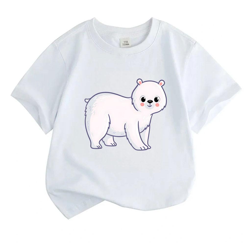 Cartoon Cute Polar Bear Print Kids T-Shirt 100% Cotton Soft Breathable Crew Neck Short Sleeve Tee for Boys Girls Casual Summer Animal Pattern Tops