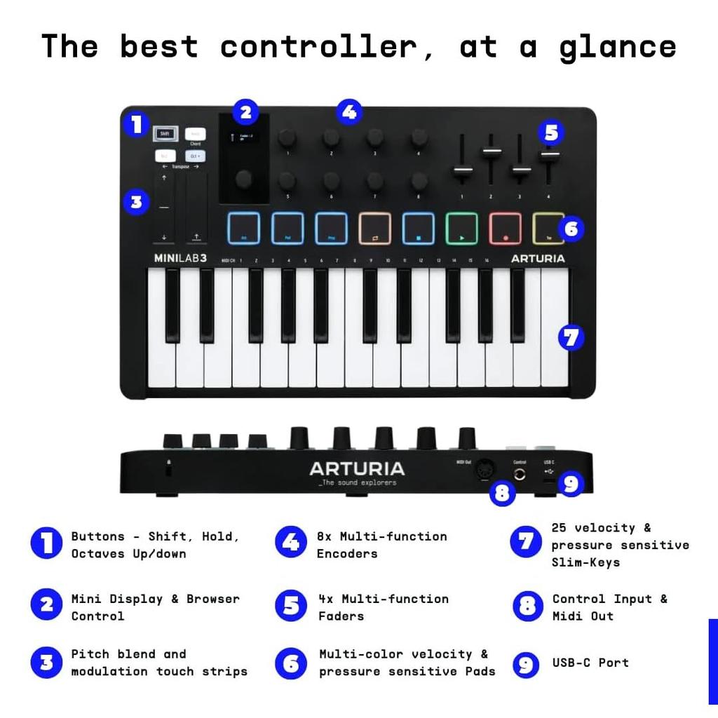 Arturia MiniLab 3 mit 25 8 Schwarz - - Universal-MIDI-Controller für Musikproduktion, All-in-One-Softwarepaket - Tasten, Multicolor-Pads -