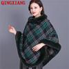 Women Capes Striped Plaid Poncho Winter Faux Fur Out Street Wear Knitted Triangle Sweater Oversize Fur Neck Pullover Velvet Coat