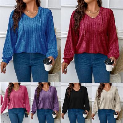 Женский пуловер однотонный большого размера удобная блузка V-образный вырез капюшон длинный рукав рубчик начес футболка свободная и повседневная