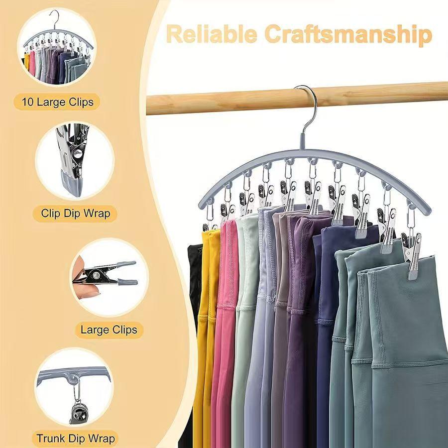 1pc Curved Shape Hanger, Metal Yoga Pants Hangers, Pants Hanger with 10 Clothespins, Space Saving Hanging Hangers, Closet Organizer W/Rubber Coated,