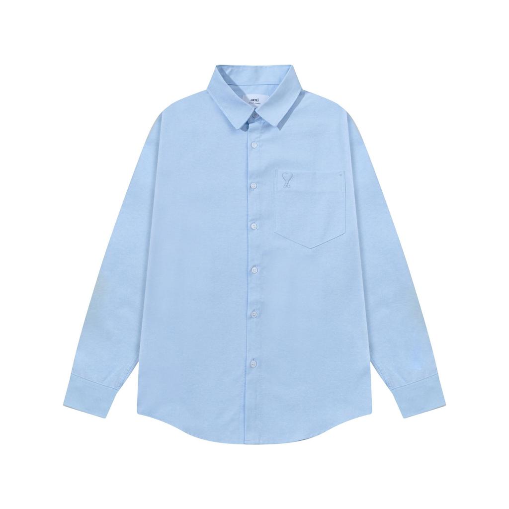 AMI Осень 2025 Новый продукт Нагрудный карман Классическая Невидимая 3D Вышивка Маленькая Любовь Повседневная Хлопковая Однотонная Рубашка с Длинным Рукавом