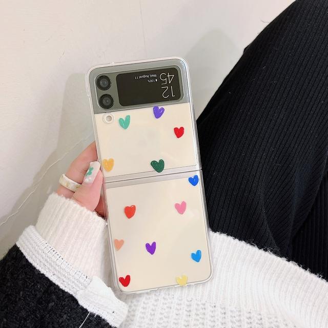 For Samsung Galaxy Z Flip 3 Case Korean Colorful Heart For Samsung Z Flip 4 Zflip4 Luxury Hard Pc Clear Cover With Laser Jam