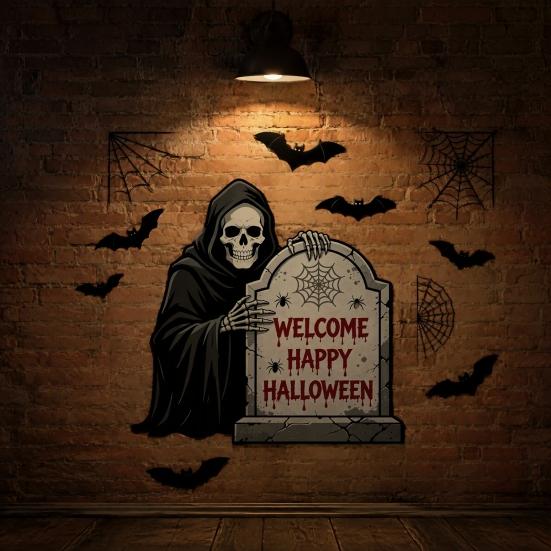 Halloween Wall Decals Grim Reaper Decals, Scary Tombstones Bats Spider Web Vinyl Holiday Party Decorations Sticker, Peel And Stick Removable