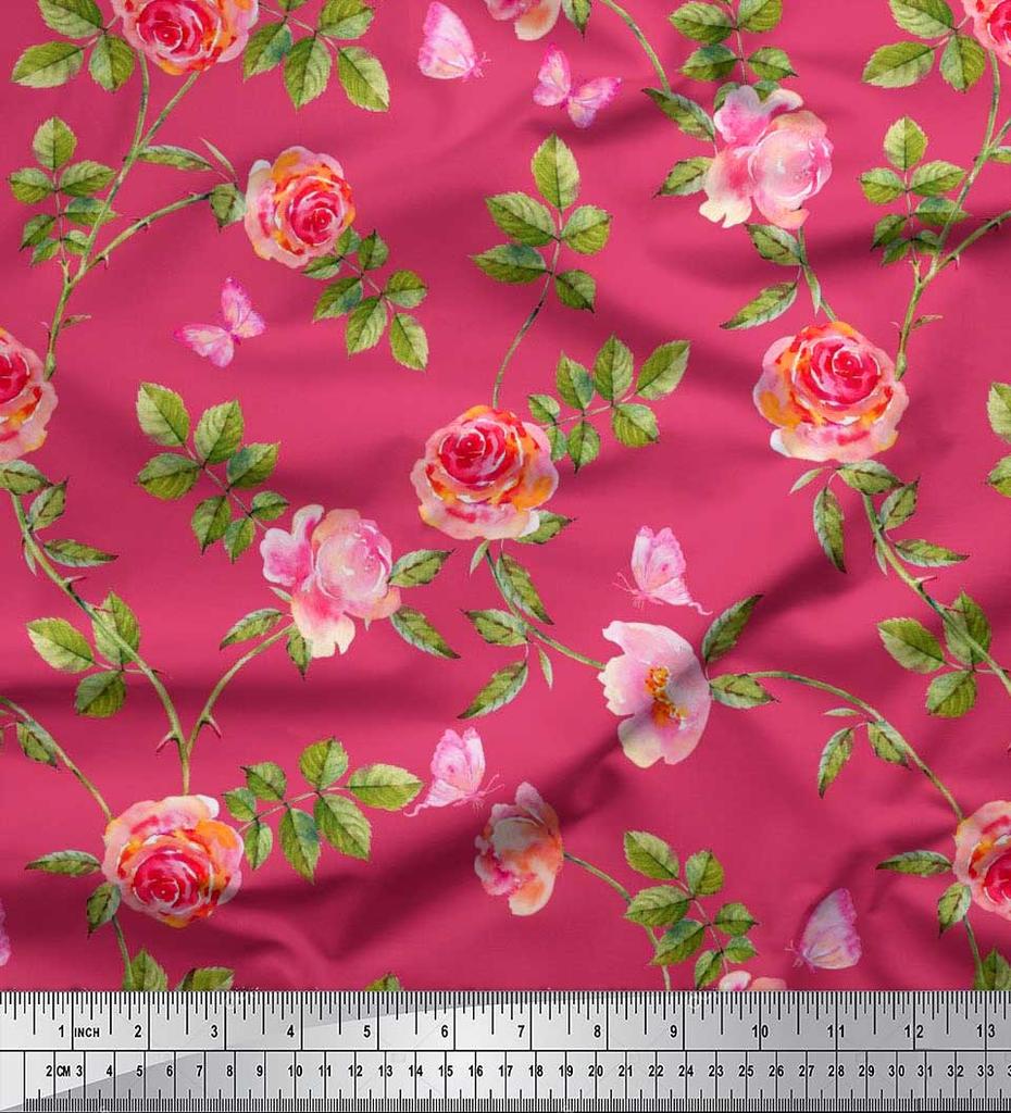Soimoi Японская креп-сатиновая ткань с листьями, розами и пионами, ткань с цветочным принтом по метрам, 42 дюйма