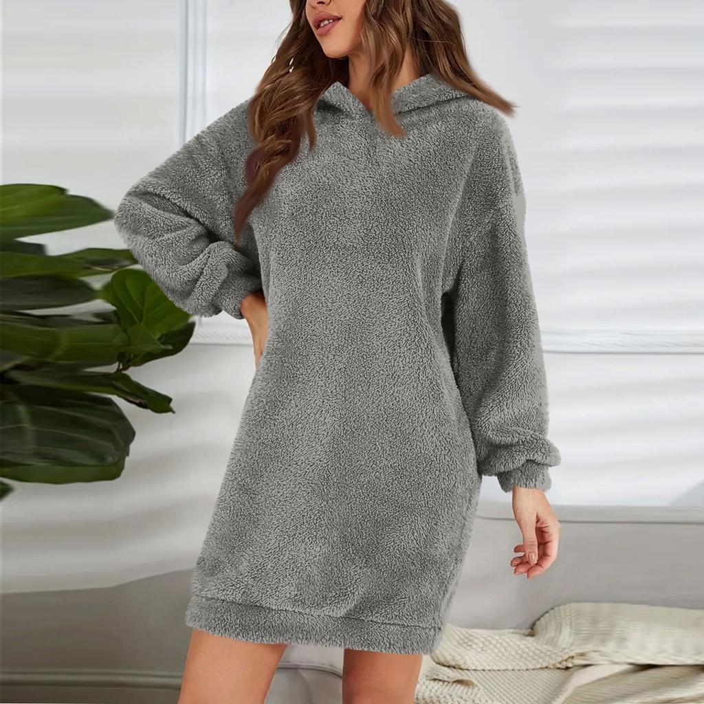 Женское модное однотонное плюшевое платье с капюшоном и длинными рукавами, свободная повседневная толстовка