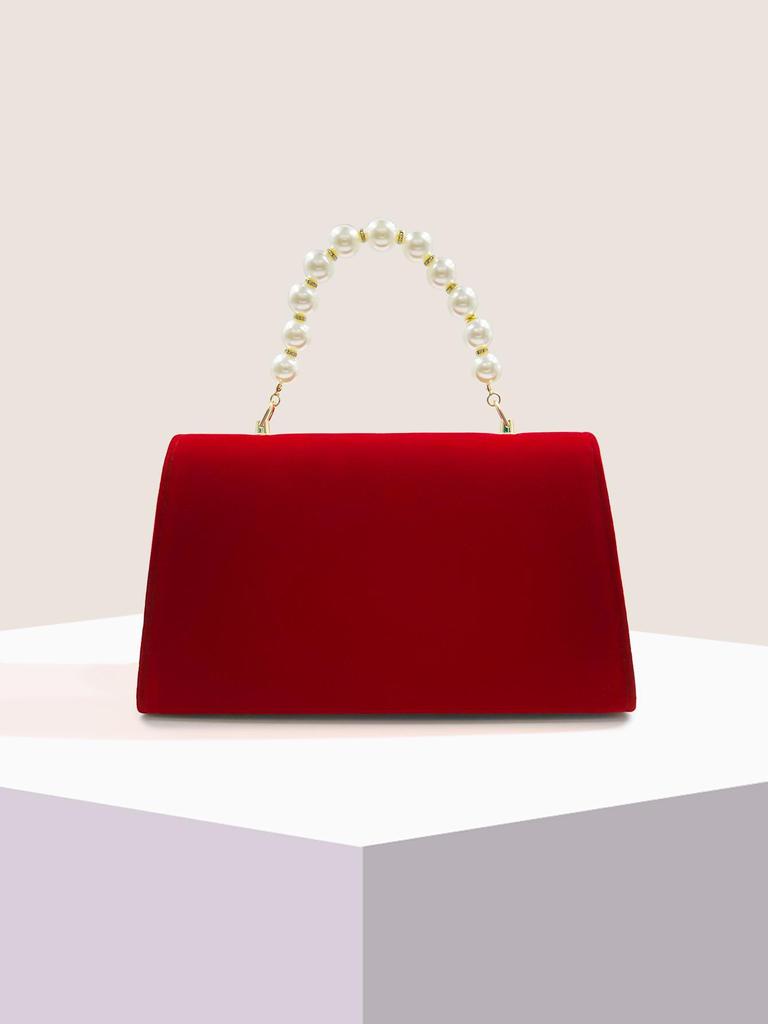 Bride's Essential Red Flannel Pearl Handbag - Retro Square Design, Fashionable Light Luxury Wedding Bag with Pearl Chain Handle
