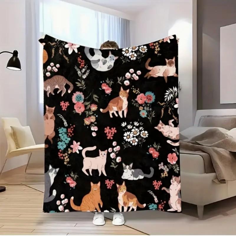 VIKAMA Cat and Floral Flannel Blanket Cat Blanket Is Soft and Machine Washable, Suitable for Sofa or Bed Home Decoration