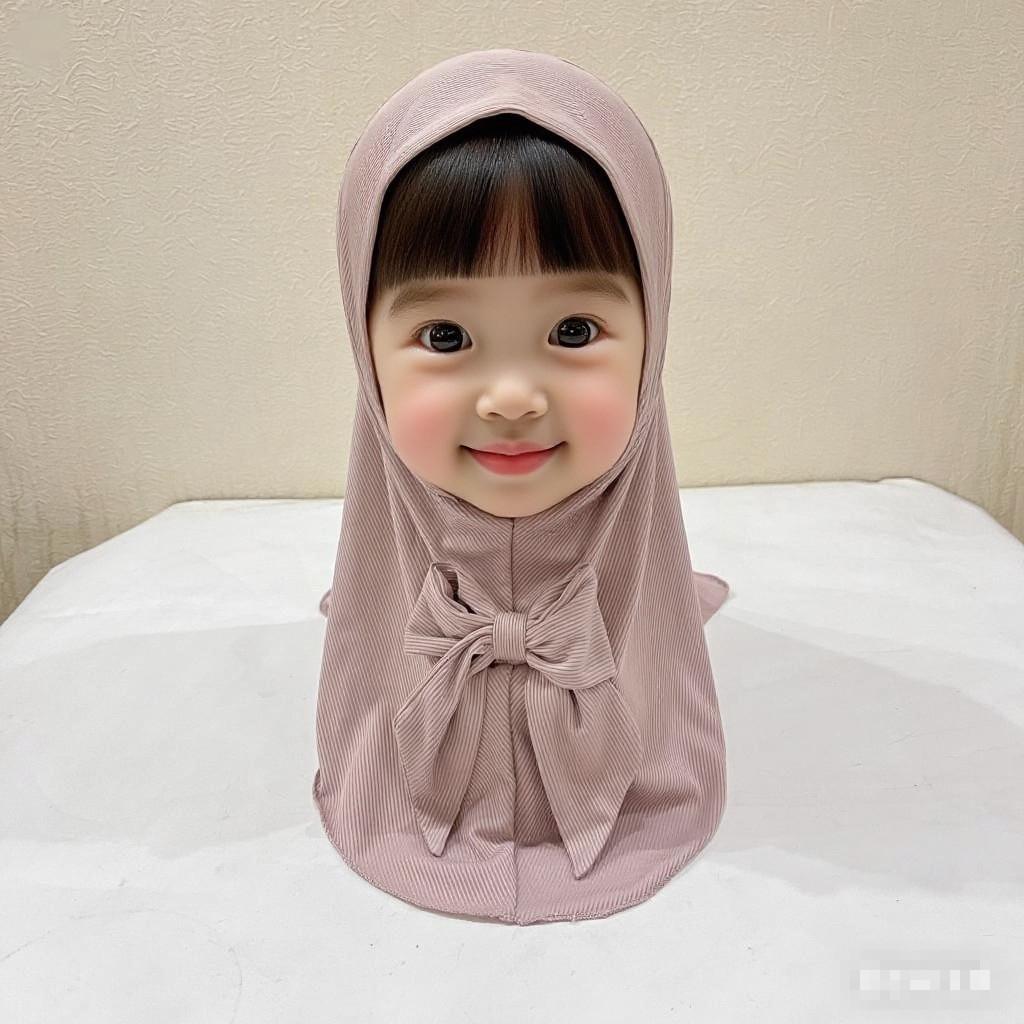 Beautiful Plain small girl hijab with bow simple cute hijab hats women's caps can fit 2-6 years old girls