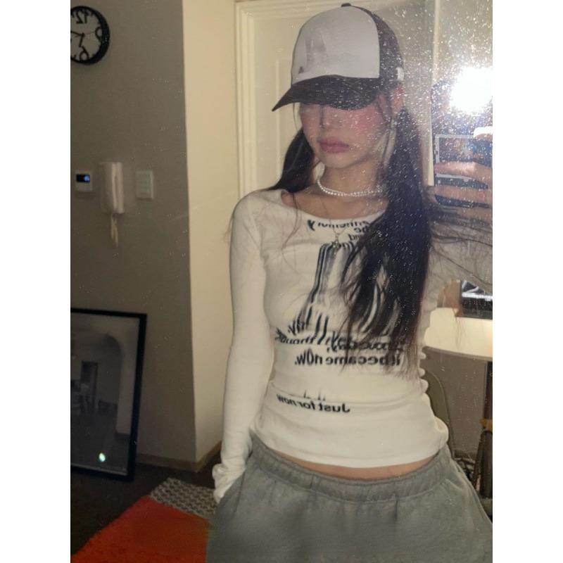 Футболка с буквенным принтом граффити, женские тонкие укороченные топы с длинным рукавом Y2K, эстетические футболки в стиле гранж, уличная одежда, футболки в стиле Харадзюку