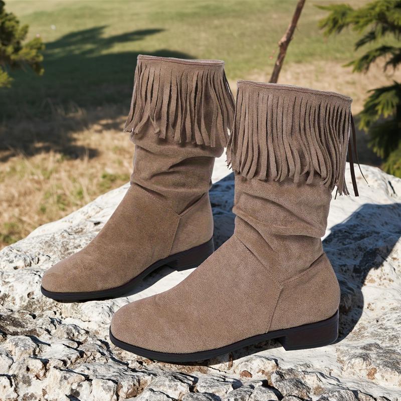 Винтажные матовые ботильоны с кисточками, женские осенние новые ботинки в западном стиле с круглым носком, натягивающиеся на ногу, с мягкой подошвой, нескользящие, средней высоты