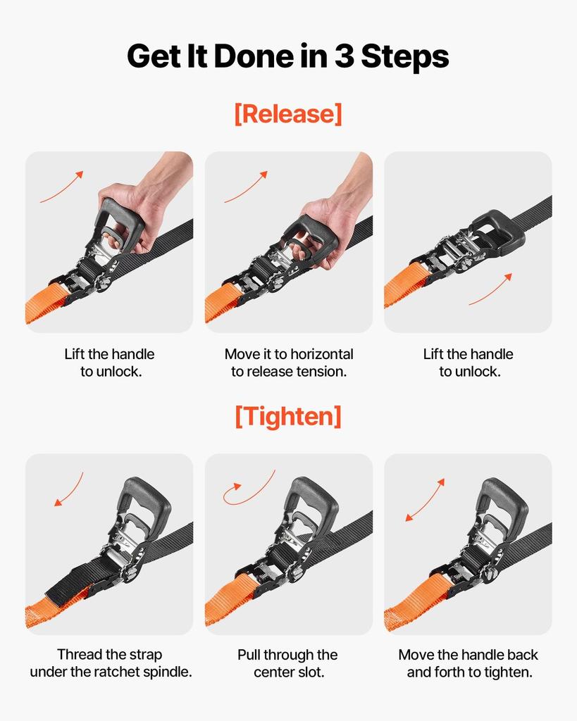 Ratchet Straps, 38.1 mm x 1.8 m, Heavy Duty Tie Down Straps with Carabiners, 1100 kg Break Strength, Carry Bag, Tie Down Ratcheting for Moving,