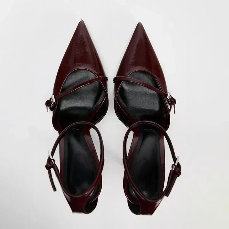 Fashion Sexy Ankle Strap Thin High Heels Women Summer Patent Leather Luxury Banquet Wedding Shoe Elegant Pointed Toe High Heeled Sandals