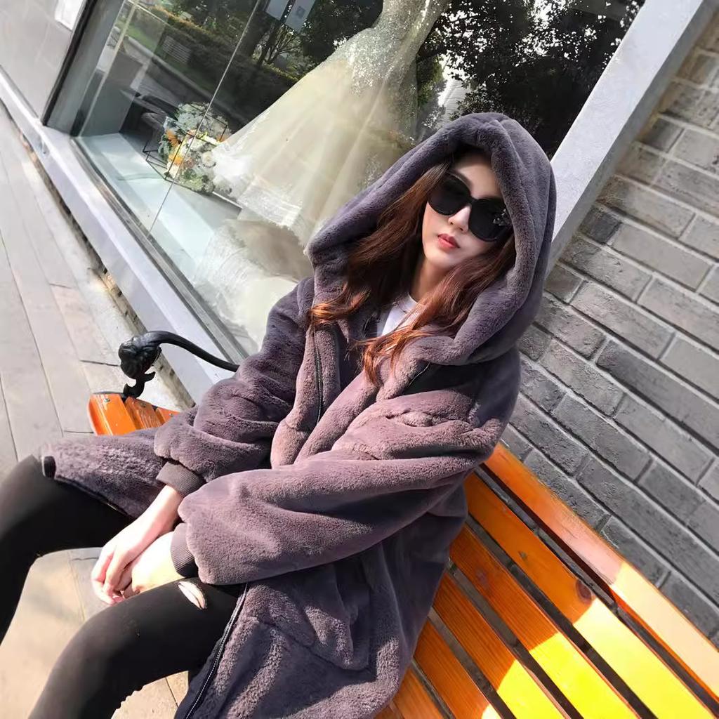 Зимняя длинная куртка большого размера из кроличьего меха, женское пальто с капюшоном, новая утолщенная теплая плюшевая одежда на молнии