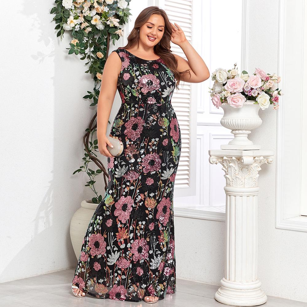 Women's Rose Gold Sleeveless Mermaid Gown - Sparkly Plus Size Evening Dress 2024