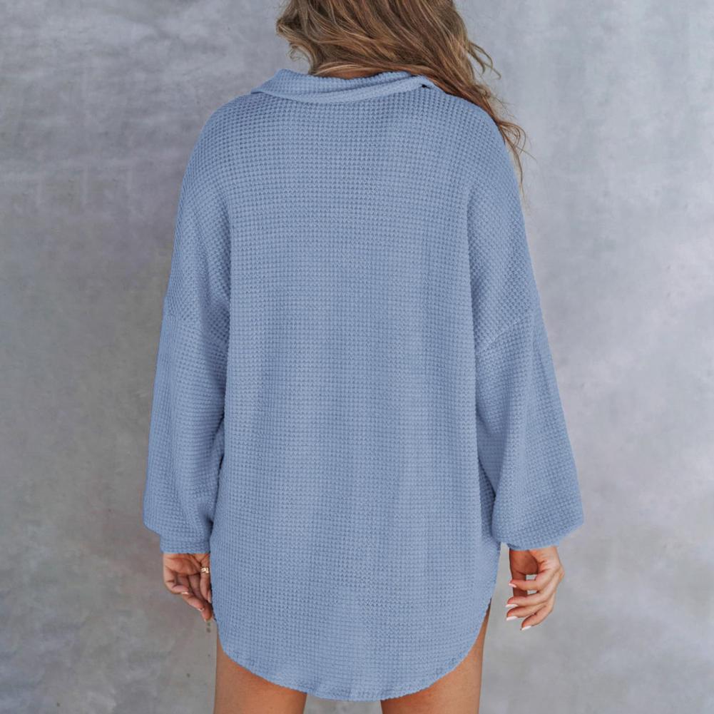 Women T-shirt Lapel Buttons Neckline Long Sleeve Tee Shirt Patch Pocket Waffle Texture Solid Color Loose Fit Pullover Tops