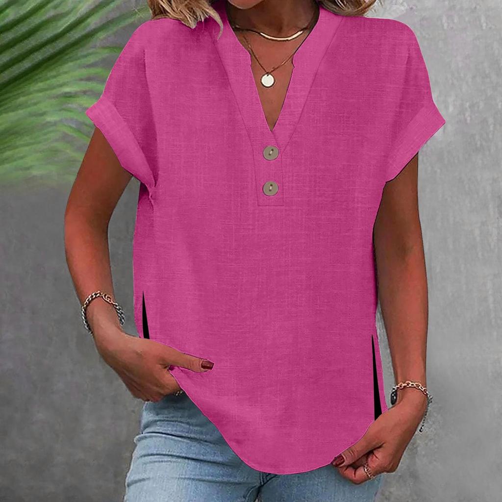 Women's Fashion Casual Solid Colour V-Neck Short Sleeve Button Split Shirt T-Shirt Top