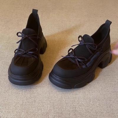 Ретро лоферы на толстой подошве с увеличением высоты для женской осени 2025 года, новые балетки, повседневные, универсальные, с глубоким вырезом и бантом, одинарные туфли