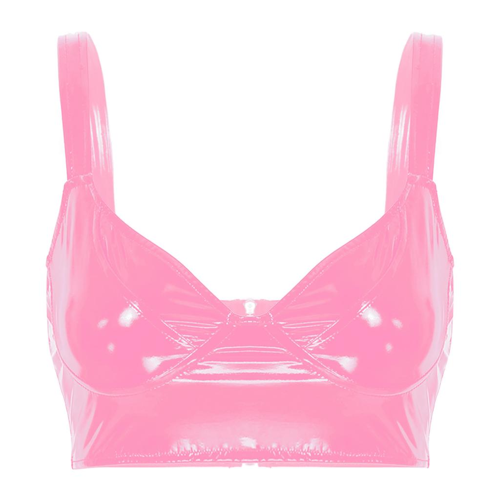 Womens Ladies Rave Crop Tops Latex Wetlook Patent Leather Bra Tops Wide Shoulder Straps Party Tank Top Clubwear