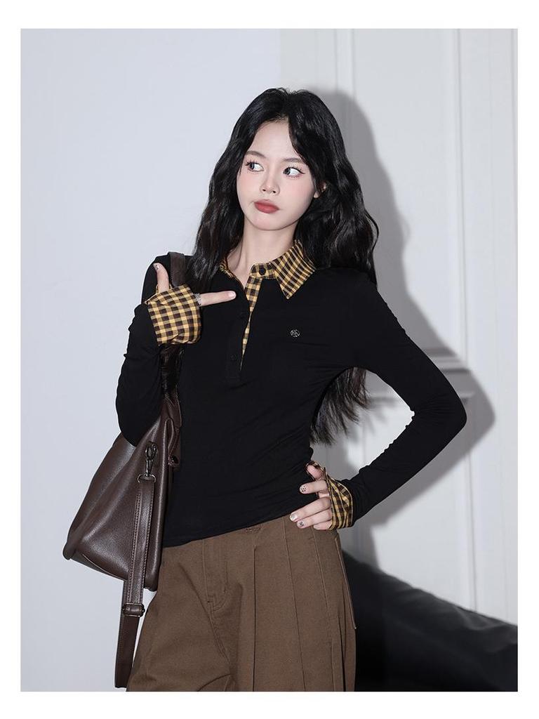 Женский осенний приталенный топ в клетку, имитация двойки, с длинным рукавом и воротником поло