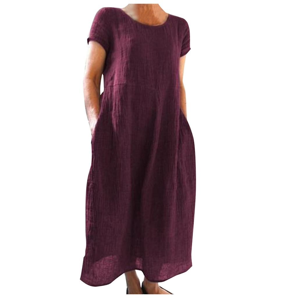 O Neck Sleeveless Loose Cotton Linen Pocket Long Dress Solid Color Women