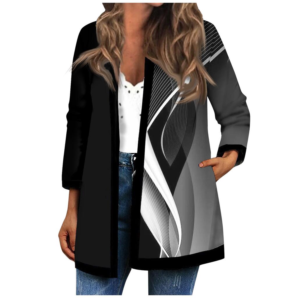 Женский осенне-зимний черный кардиган с длинными рукавами и принтом в стиле пэчворк