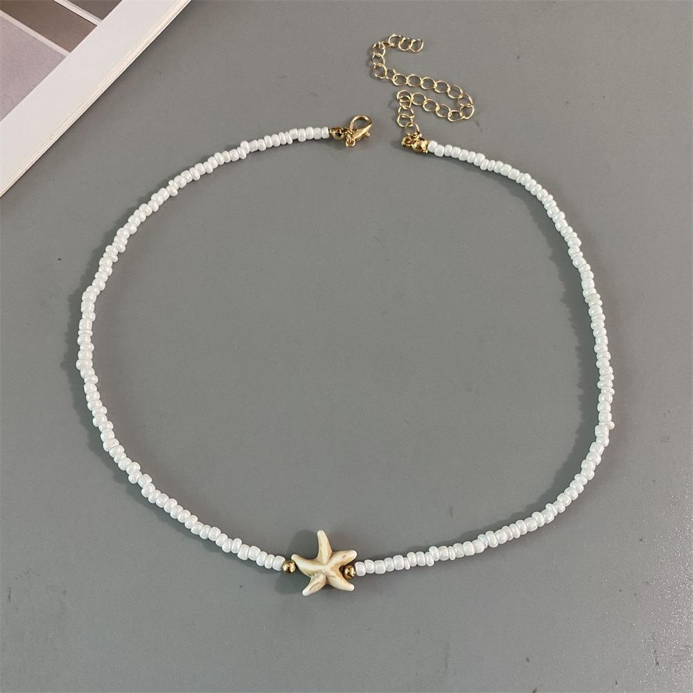 Bohemian Starfish Pendant Necklace Short Beaded Neck Chain Shell Choker Necklace  for Women
