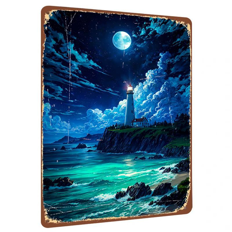 Dreamy Lighthouse Moonlight Seascape Metal Iron Painting Home Wall Decor Modern Art