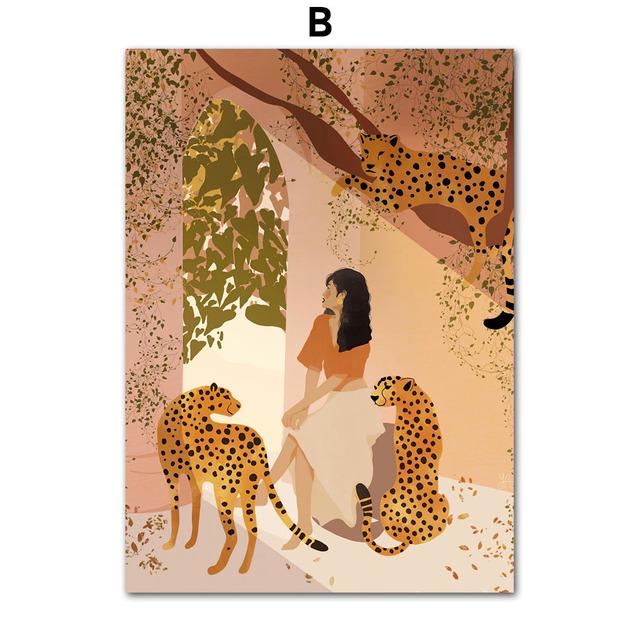 Tropical Girl Book Flower Cheetah Boho Nordic Posters And Prints Wall Art Canvas Painting Wall Pictures For Living Room Decor No Frame