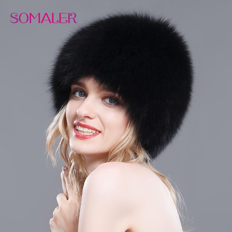 SOMALER Real Full Fox Fur Bomer Caps for Women Winter Knitted Fur Hats Wool Lining Warm Hats Silver Fox Fur Cap