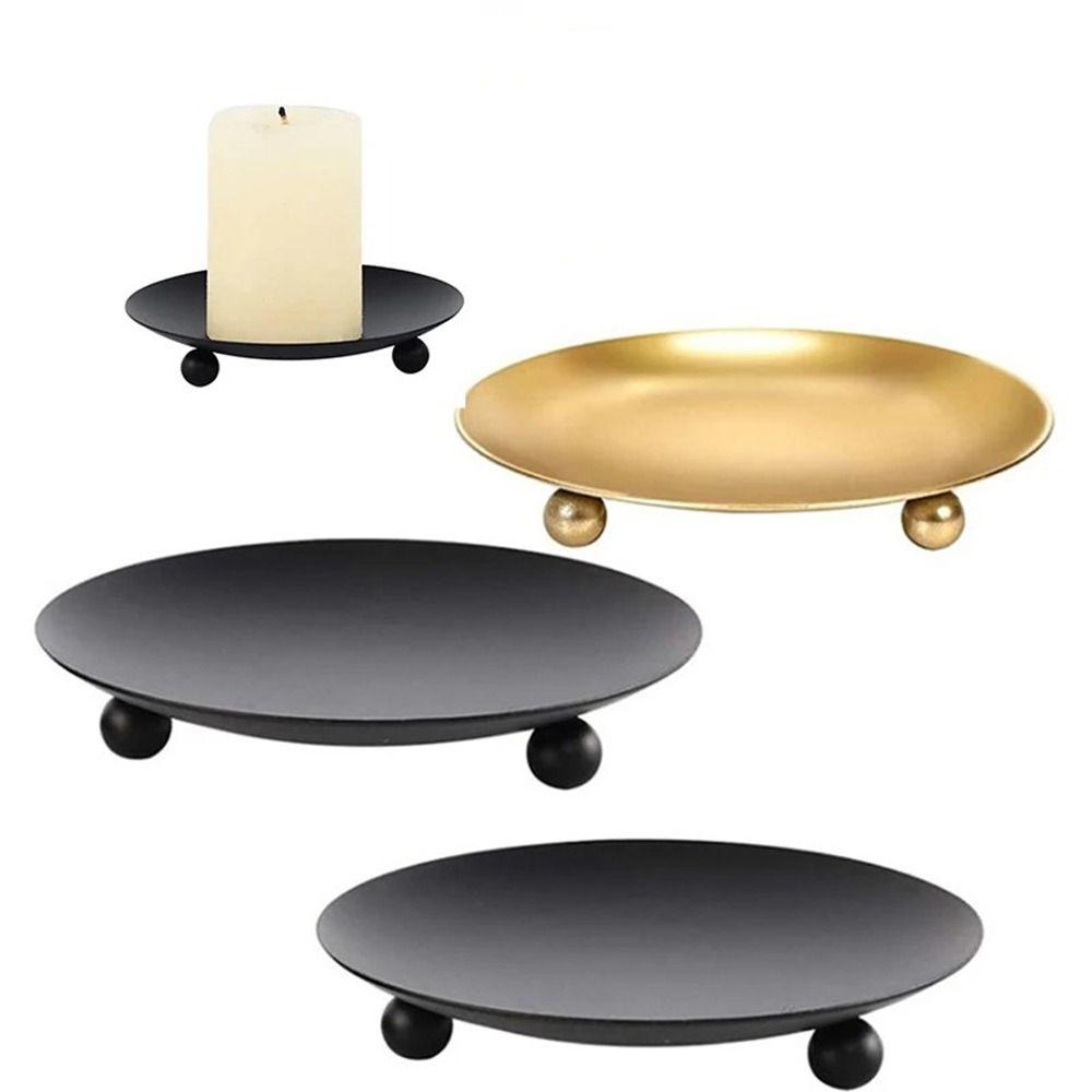 Round Pillar Metal Plate Golden Festival Candlestick Holder Simple Candle Base Tray  for Home