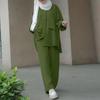 2024 Middle East Muslim Long Sleeve Shirt & Elastic Waist Pants Set with Patch Pocket & Hidden Placket, Yarn-Dyed