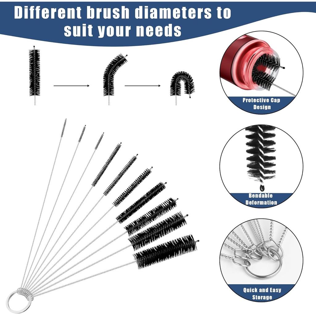 12Pcs Glass Tube Pipe Cleaners Brush Kit,Long Nylon Straw Brush for Glass Funnel and Bottle,17-inch Long Handle,8.2-in Different Diameters Brushes,